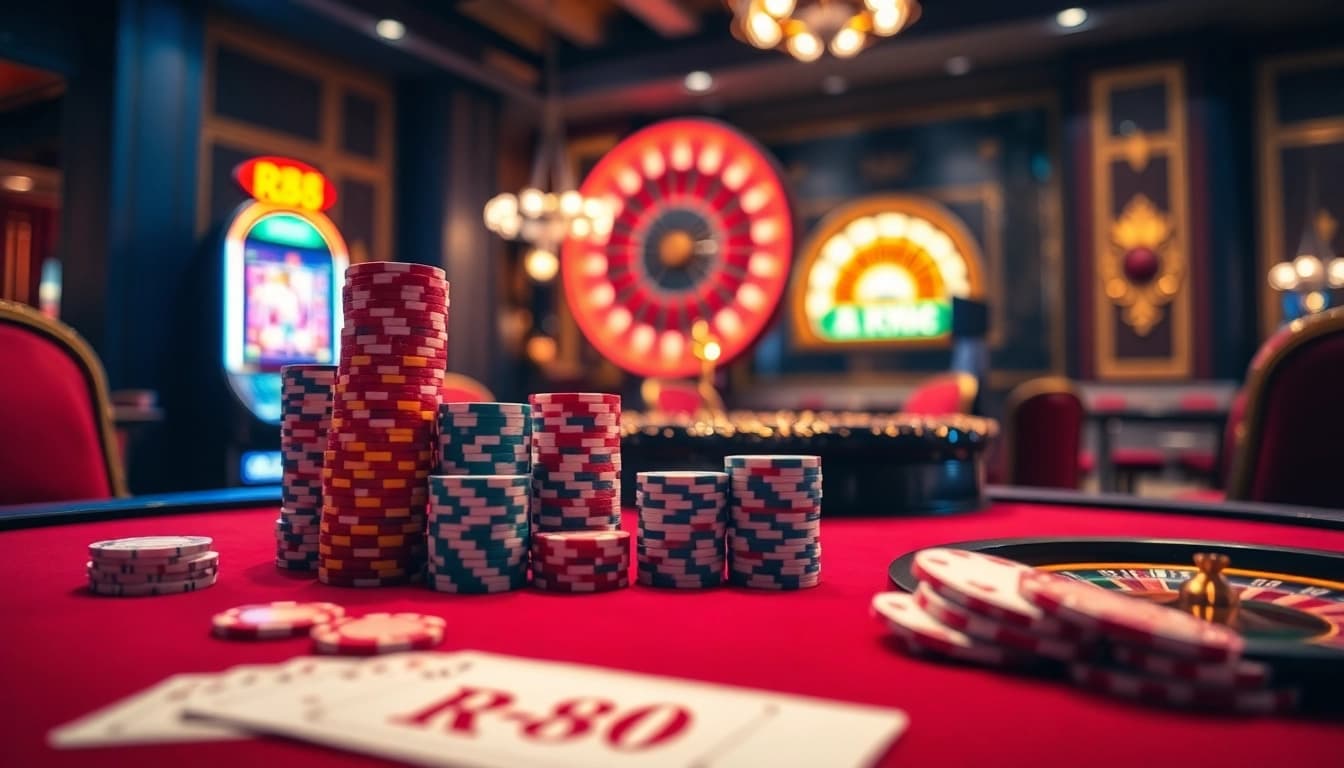 Experience thrilling RR88 casino action with glowing poker chips and a vibrant roulette wheel.