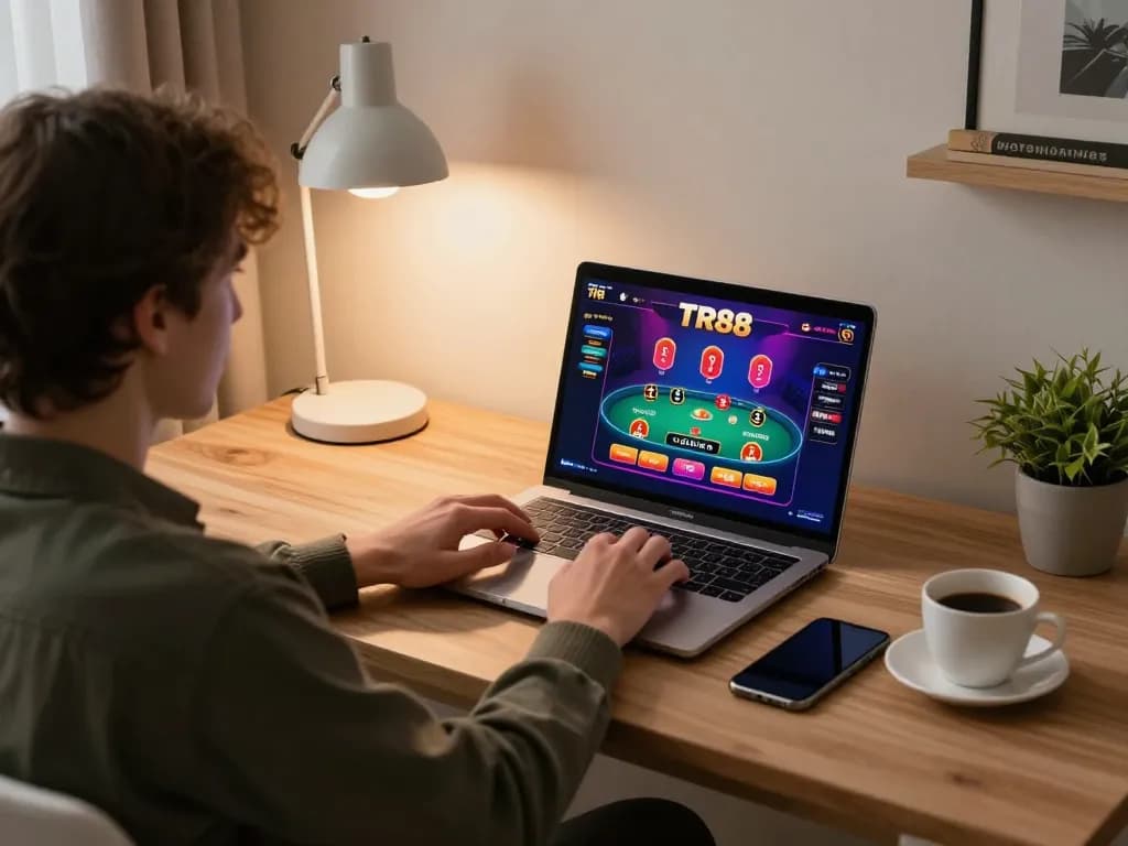 Engaging in TR88 online casino gaming with vibrant interface on laptop in cozy home setting.