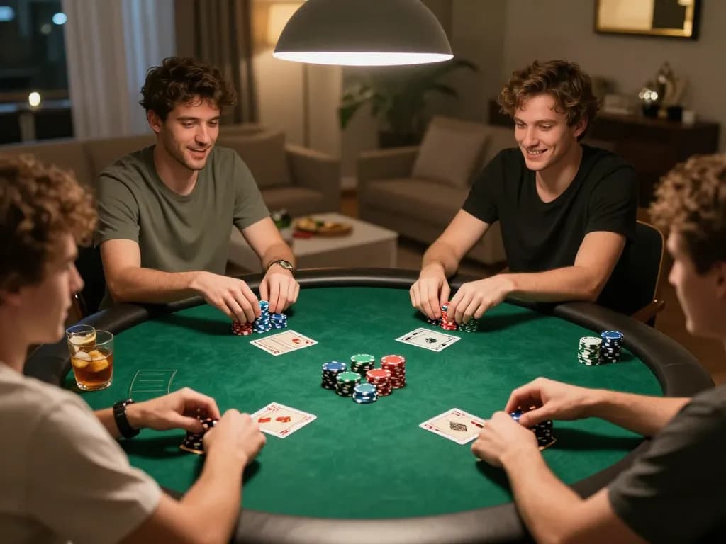 Zowin poker night with friends playing Texas Hold'em, colorful chips and community cards visible, warm home atmosphere.
