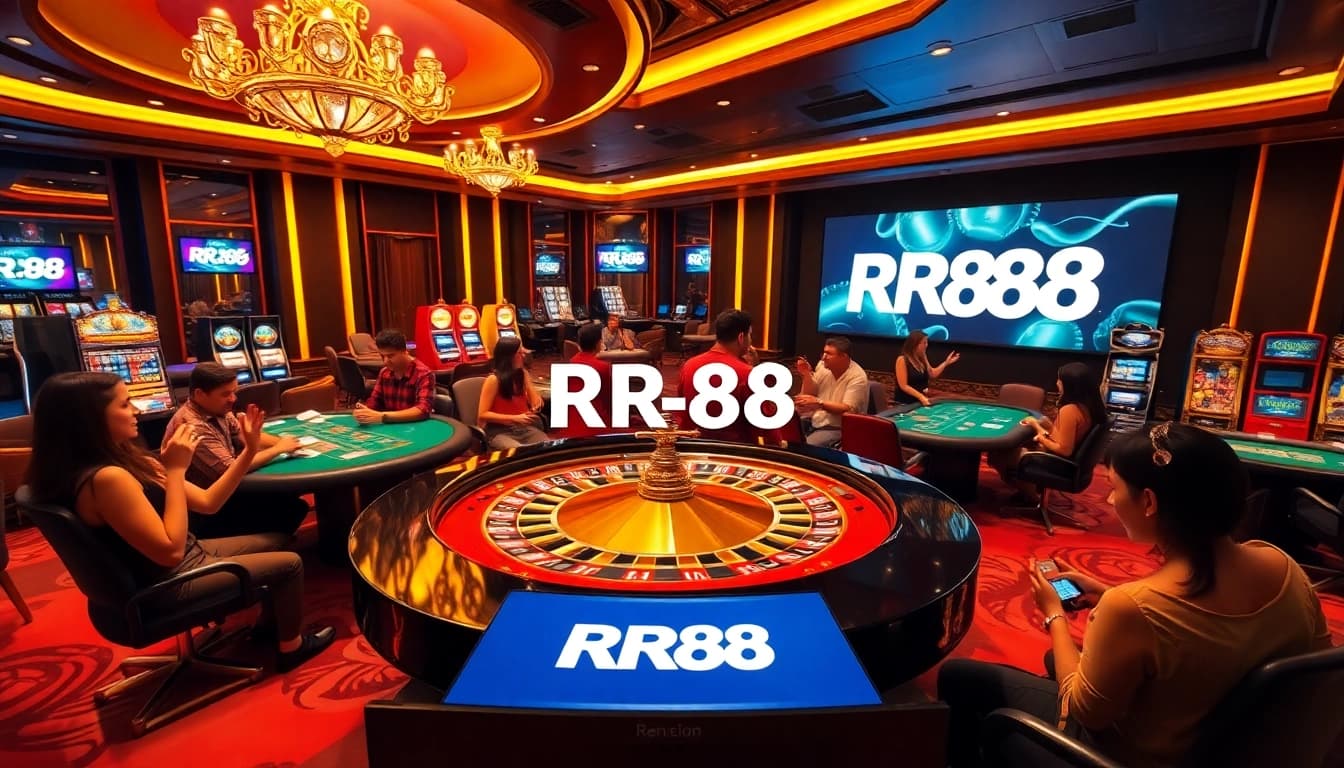 Exciting gambling scene with RR88 branding, showcasing vibrant casino tables and players