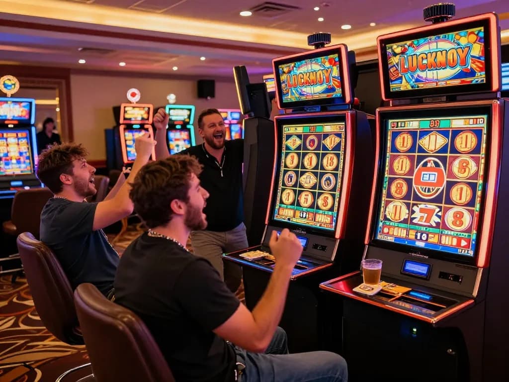 Excited players celebrating a jackpot win on the Lucky 88 slot machine in a vibrant casino.