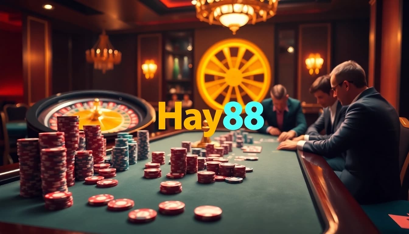 Engaging gamblers at Hay88's luxurious gaming tables, featuring vibrant chips and roulettes.
