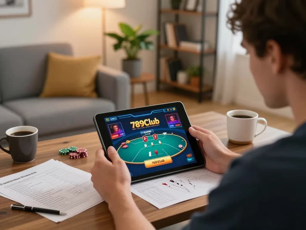 Engaged player enjoying 789Club poker game on tablet in cozy home setting.