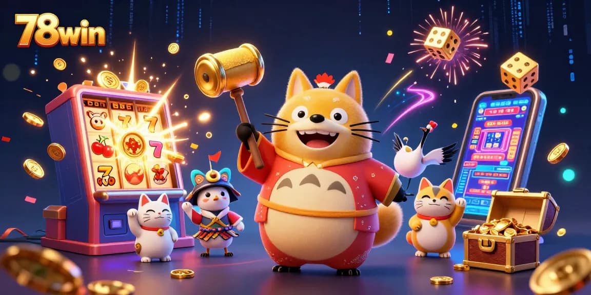 Experience thrilling wins at 78win in an ultra-detailed casino scene featuring lucky symbols and vibrant game's atmosphere