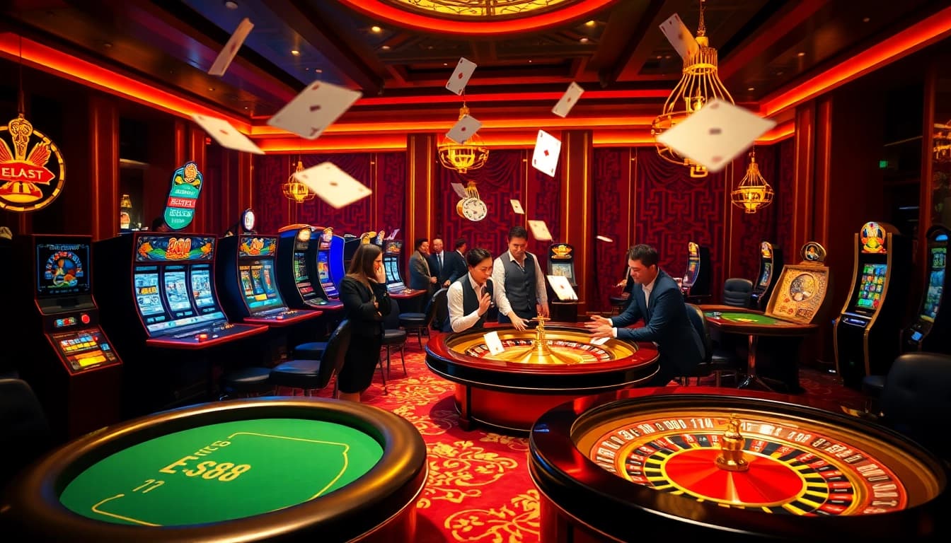 Players enjoying an exciting game at ee88 casino, showcasing dynamic action with poker chips and vibrant slot machines.