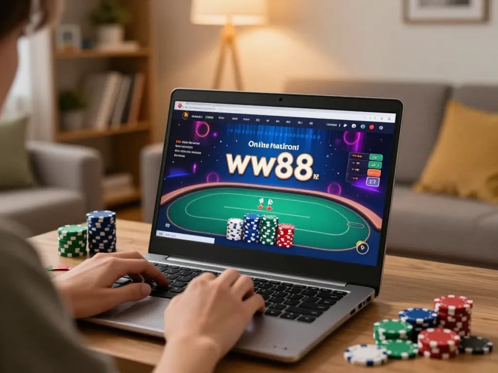 Engaging in a strategic poker game on the ww88 platform at home, showcasing laptop and colorful chips.