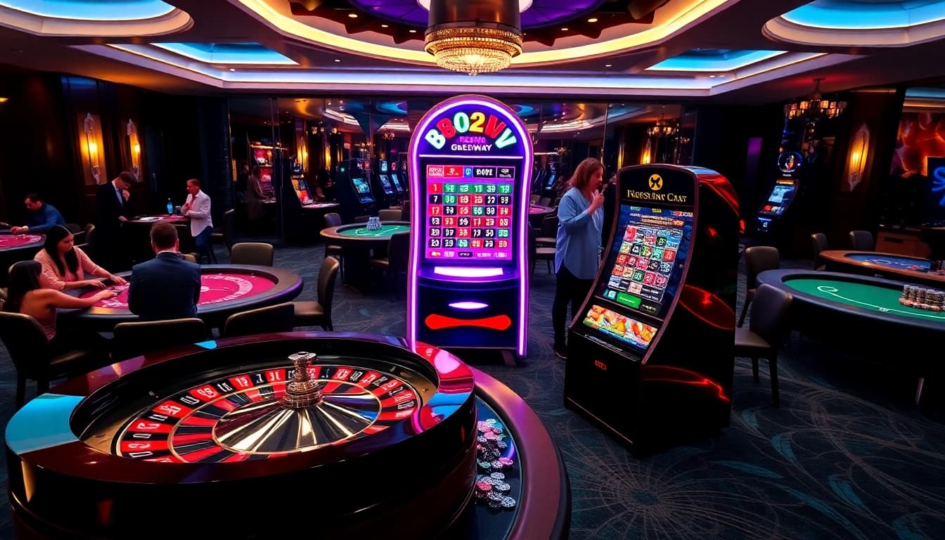 Exciting 88vv casino scene with vibrant tables and engaged gamblers.