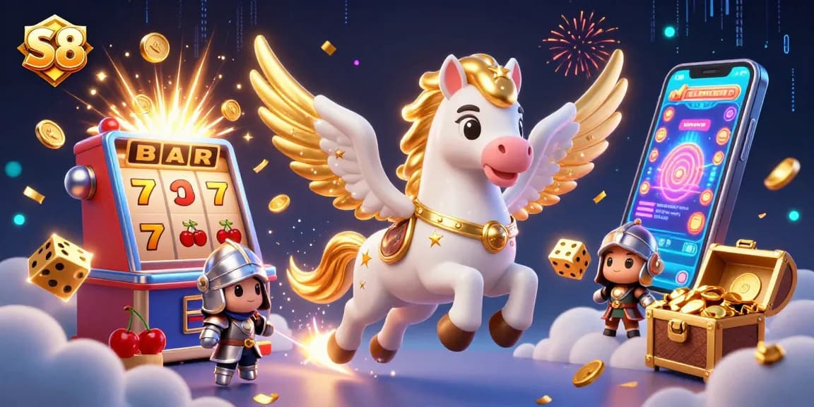 S8 jackpot explosion in a dynamic casino scene featuring a celestial horse and knight.