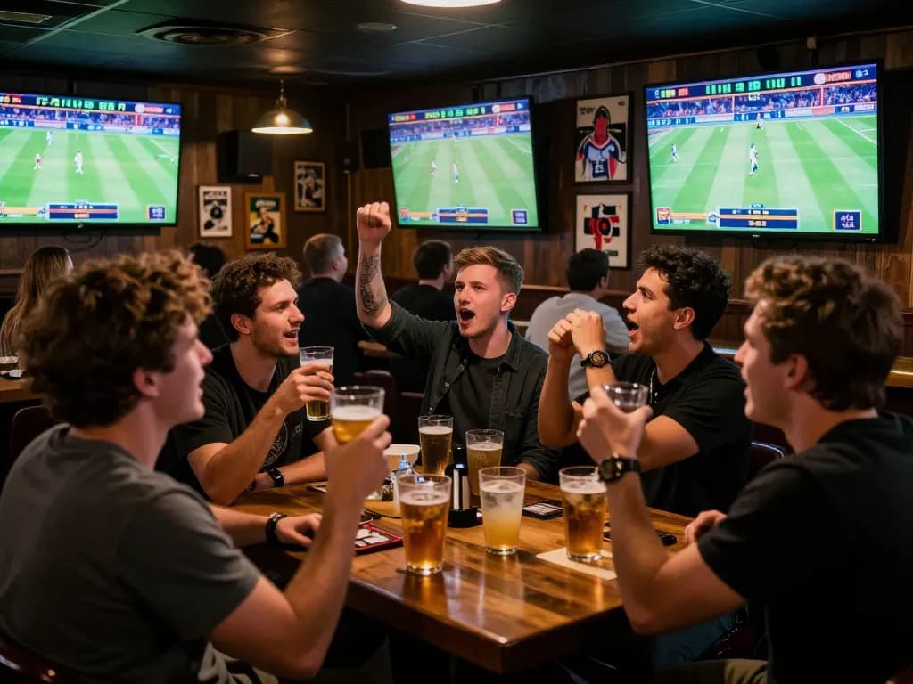 Engaged sports bettors cheering for their favorite teams at the lively bar, 678 betting excitement captured.
