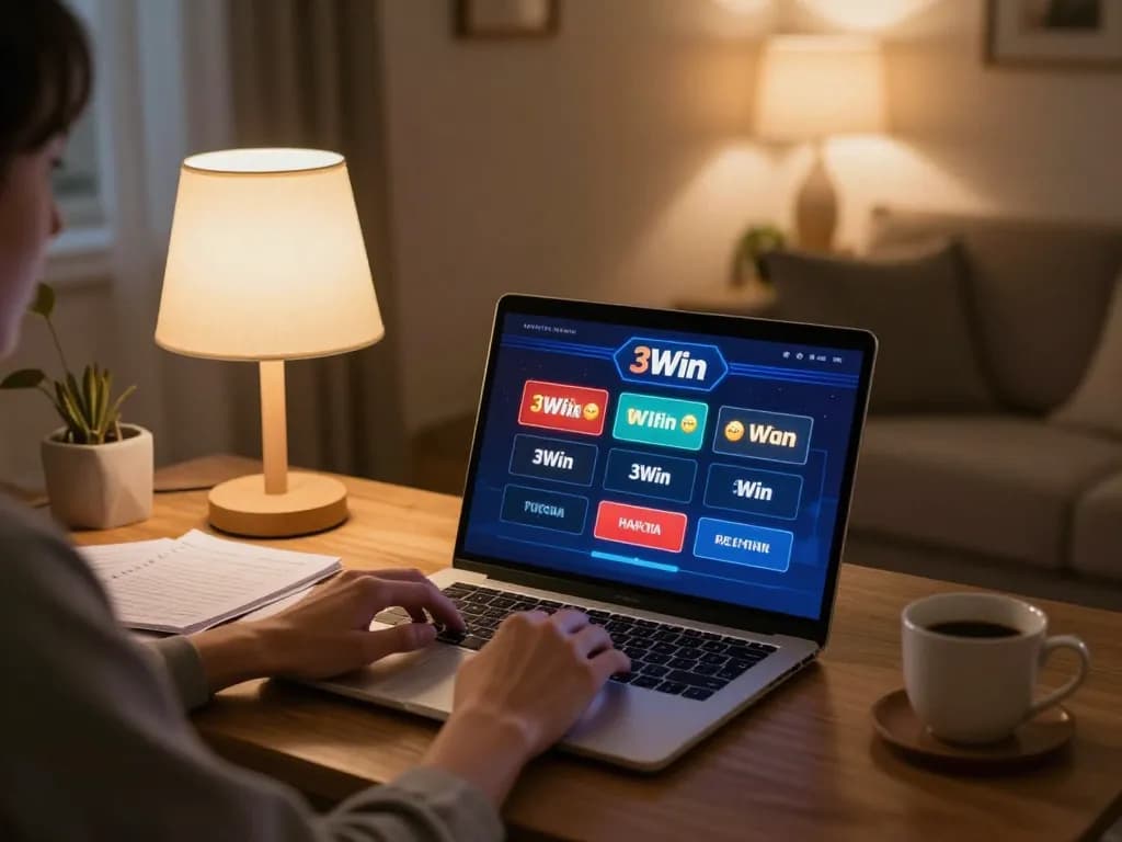 3Win online gambling in a cozy living room with a player engaging on a laptop, warm atmosphere.