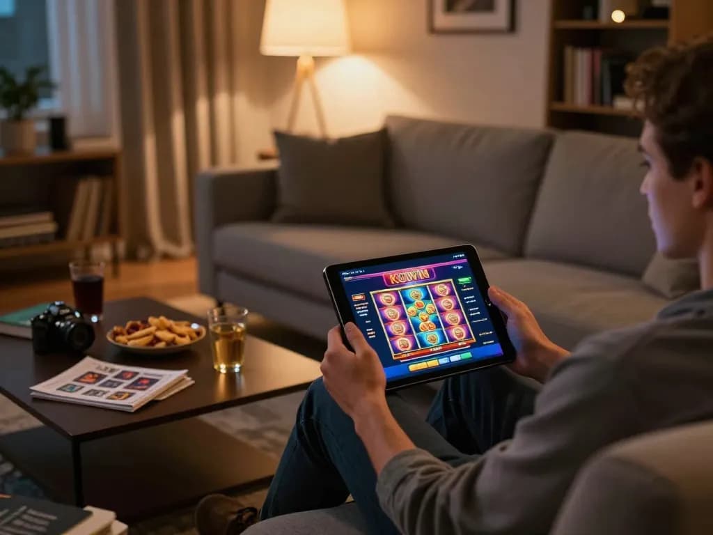 Kuwin player enjoying an online casino slot game on a tablet in a cozy home environment.