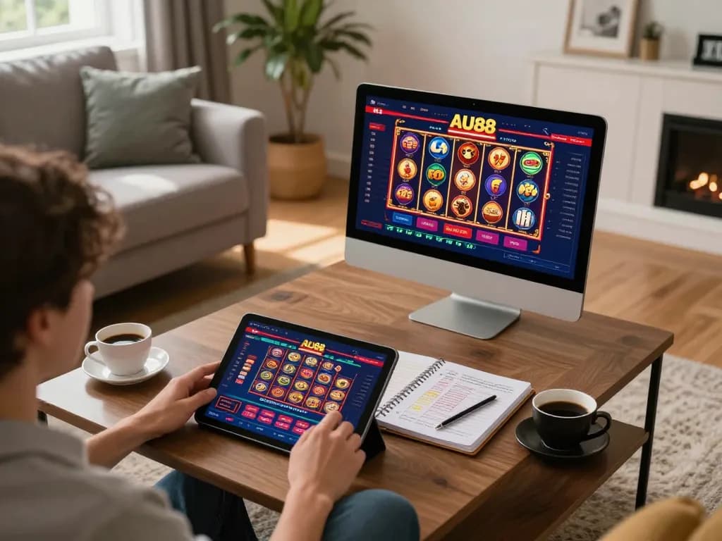 Person engaging with AU88 online slots on a cozy living room tablet, surrounded by strategy notes.