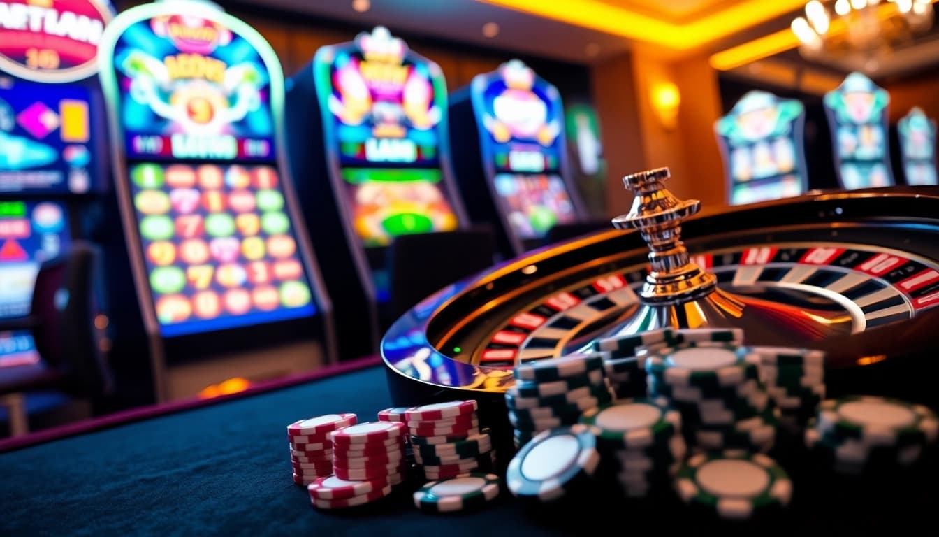 Engage with the thrilling gaming experience at xx88.directory featuring roulette wheels and vibrant slot machines.