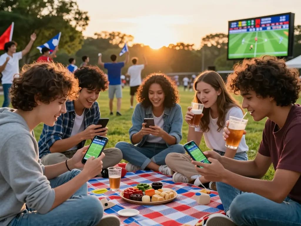 Friends analyzing kèo nhà cái while enjoying a football match outdoors.