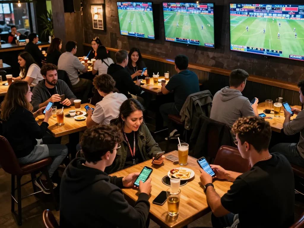 Excited crowd engaging in sports betting at KO66, using smartphones to place bets on live events.