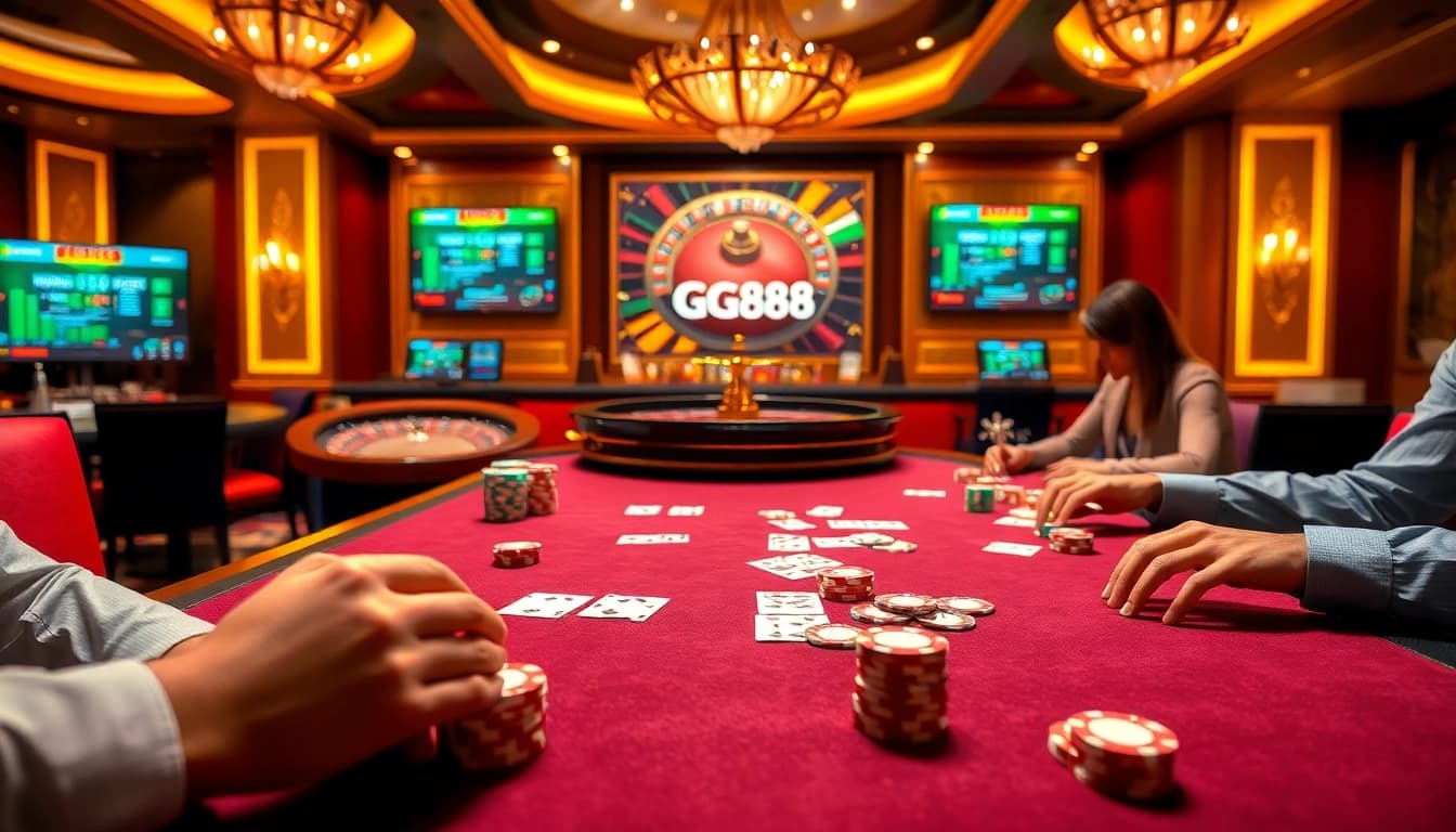 Experience excitement at a GG88 poker table with vibrant gameplay and luxurious settings.