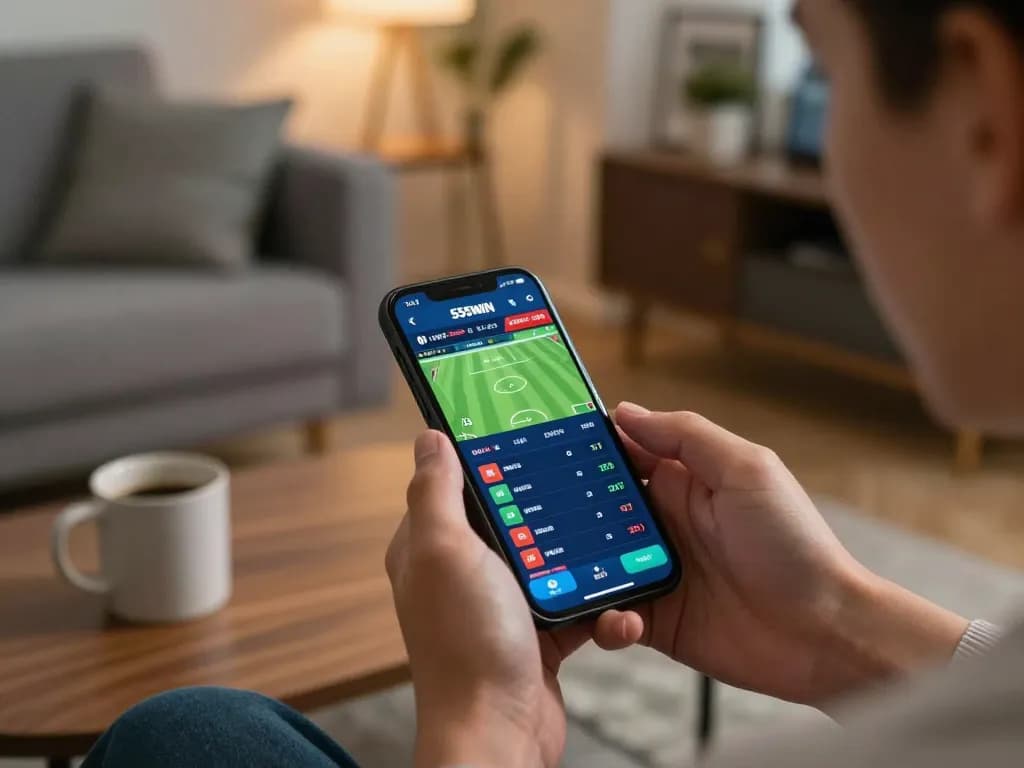 Person engaging with 555WIN sports betting app, dynamic betting scene in modern home setting