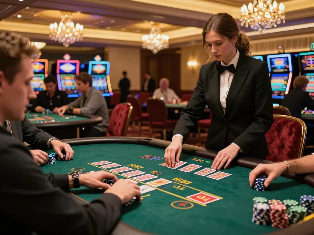nk88 players enjoying blackjack at a luxurious casino table with vibrant lighting and active gameplay