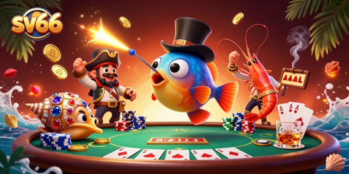 Engage with sv66's vibrant casino scene featuring 3D characters playing poker, collecting coins.