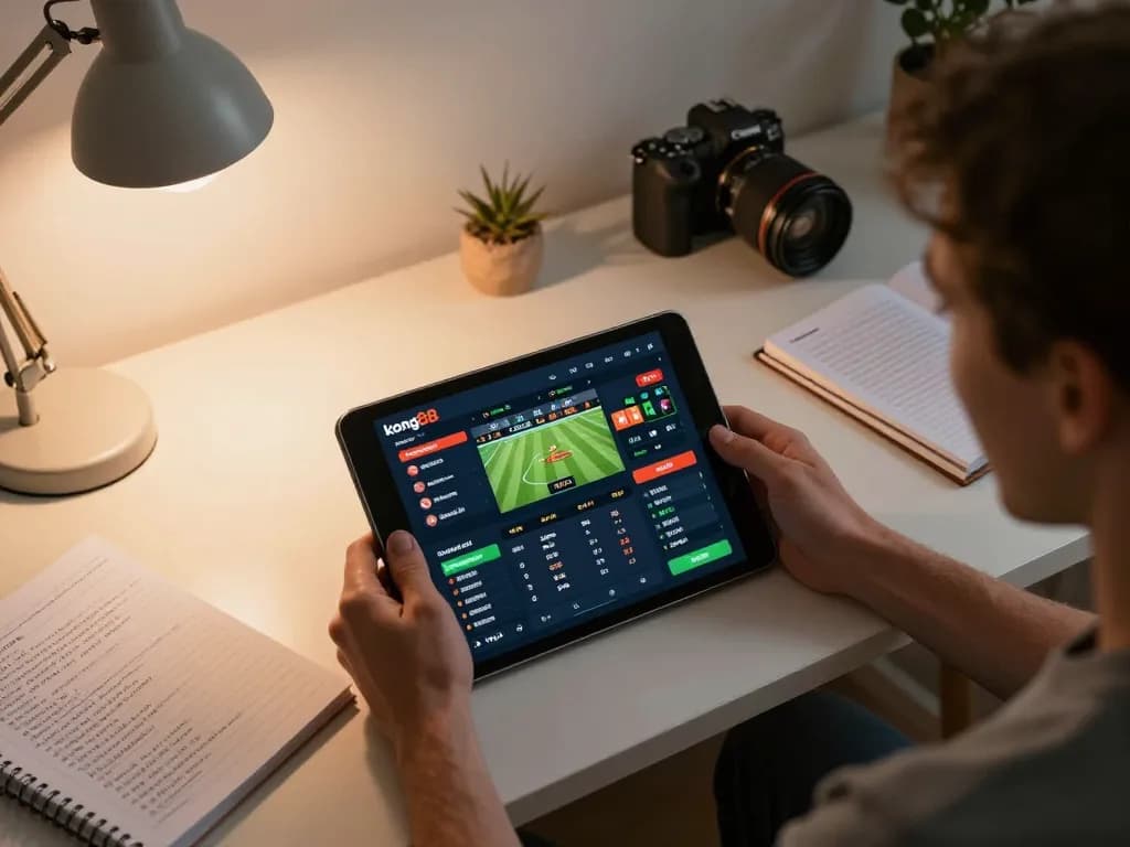 Engaged user placing bets on kong88's sports platform using tablet in a modern home setting.