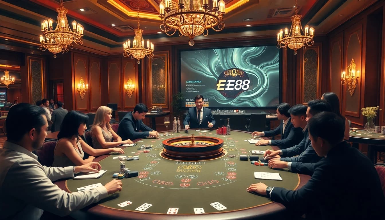 Players enjoying a thrilling game at EE88's upscale casino table, showcasing excitement and strategy.