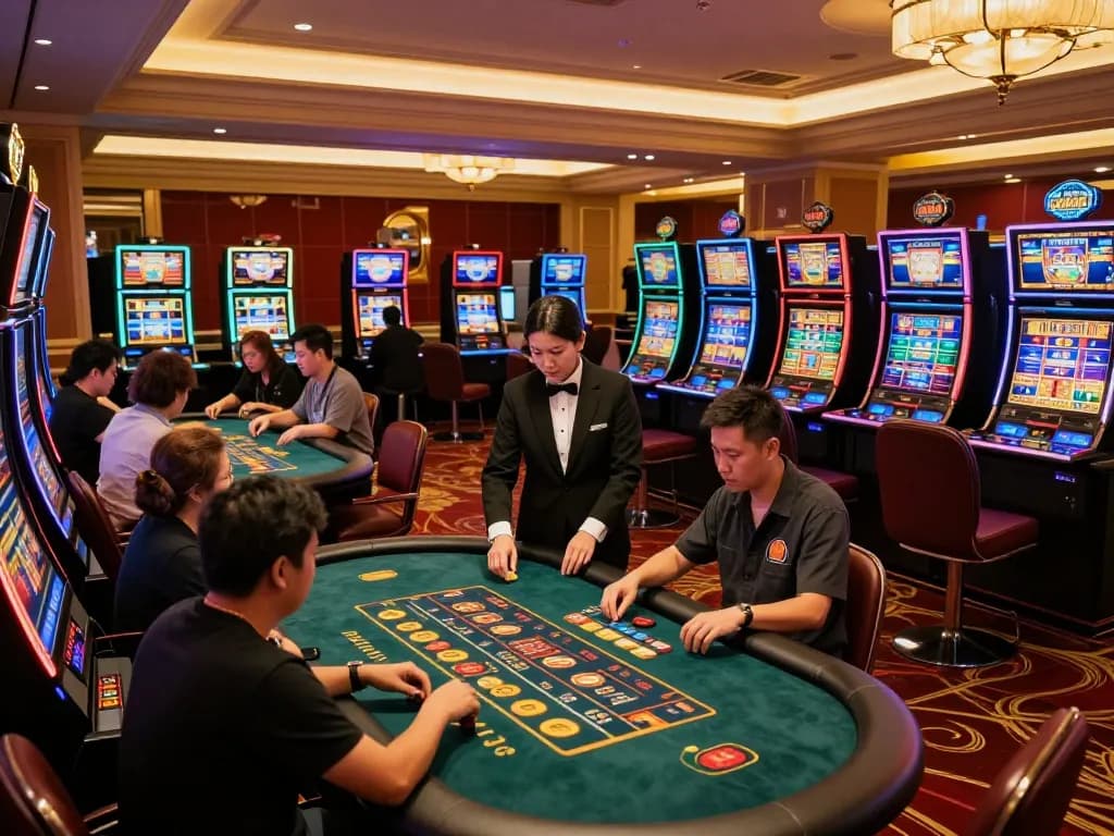 Good88 players enjoying vibrant slot machines and poker tables in an upscale casino atmosphere.