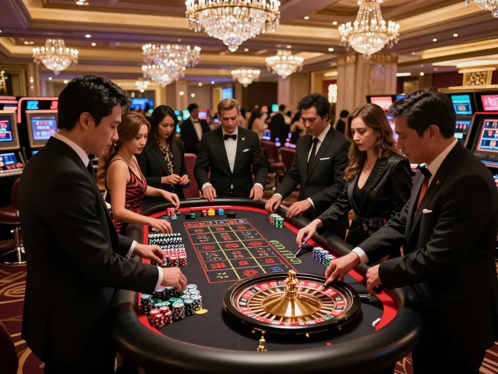 Players at a roulette table in a lively Las Vegas casino engaging with FC88 betting strategies during a thrilling session.