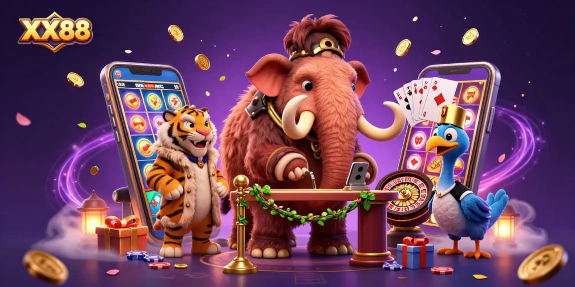 Engage with slots at XX88 featuring a woolly mammoth bouncer and vibrant game elements.