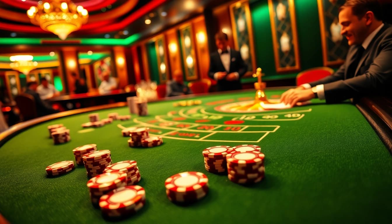 Experience dynamic blackjack action at kim88, featuring vibrant casino lights and eager players.