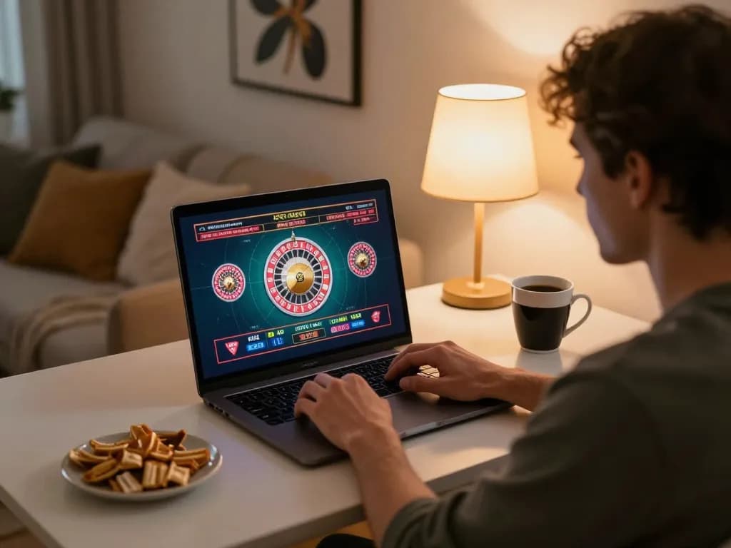 va88 player enjoying online roulette game at home, cozy setup with snacks and laptop.