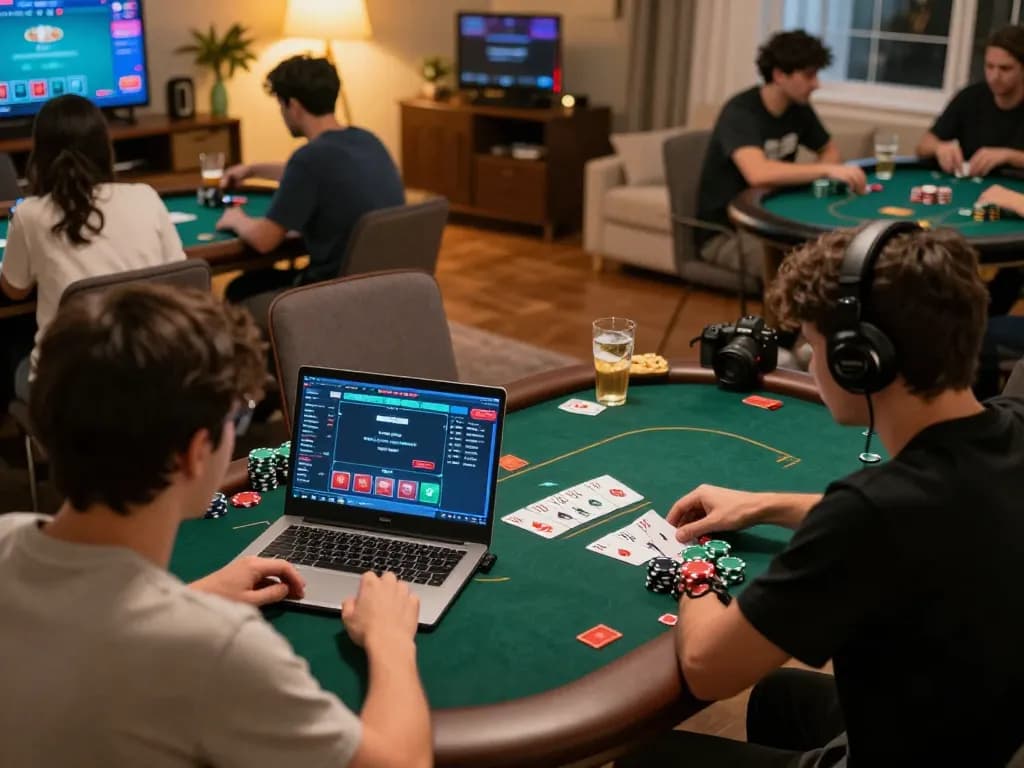 Players engaging in an MM88 online poker game, showcasing strategic moves in a cozy home setting.