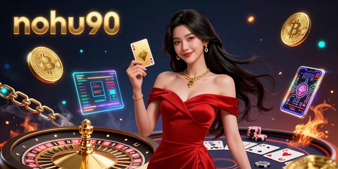Engage with nohu90 in this vibrant casino scene featuring a beautiful woman and golden games.