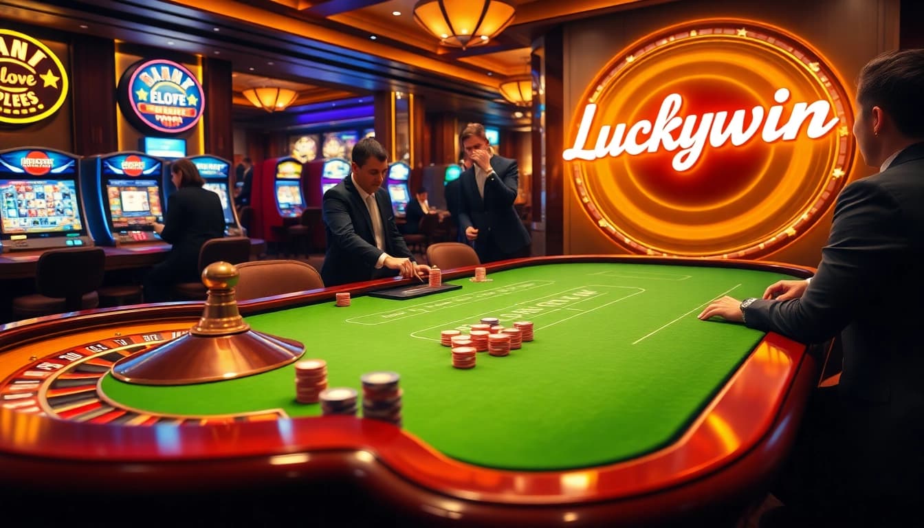 Luckywin players thrilled at a poker table, surrounded by vibrant casino excitement.