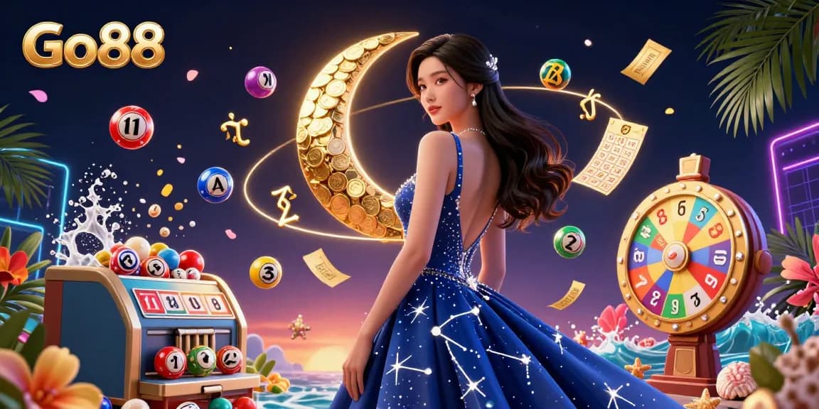 Experience thrilling moments at Go88 with an elegant gambler amid vibrant casino elements.