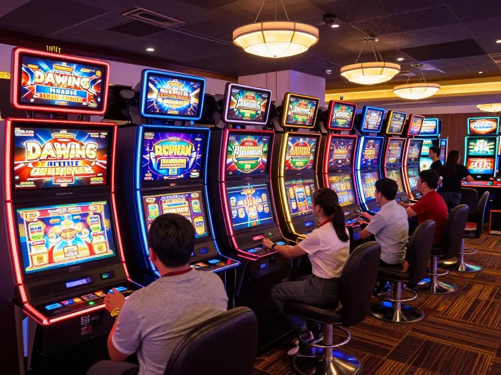 Players enjoying various colorful slot machines in Slot Malaysia casino atmosphere