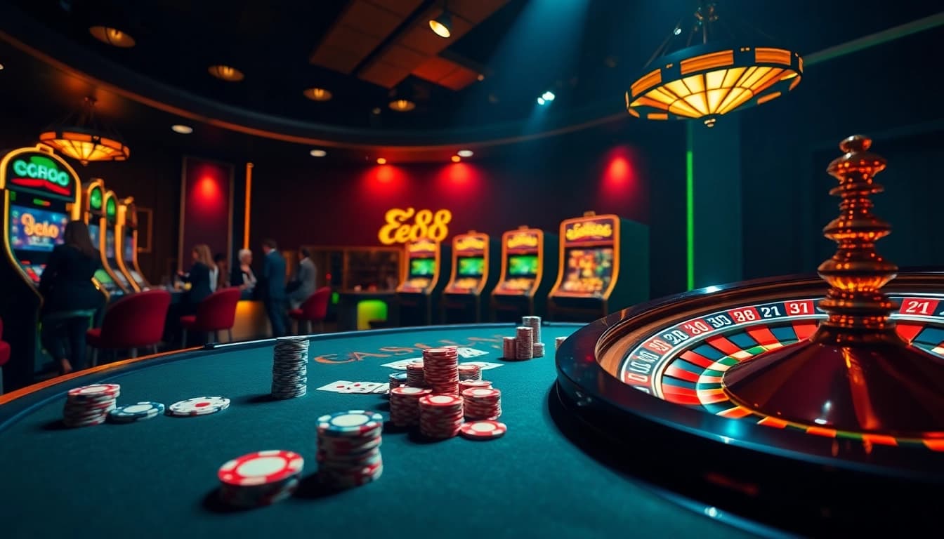 Engage with the Ee88 platform featuring vibrant casino elements like poker chips, slot machines, and a roulette wheel.