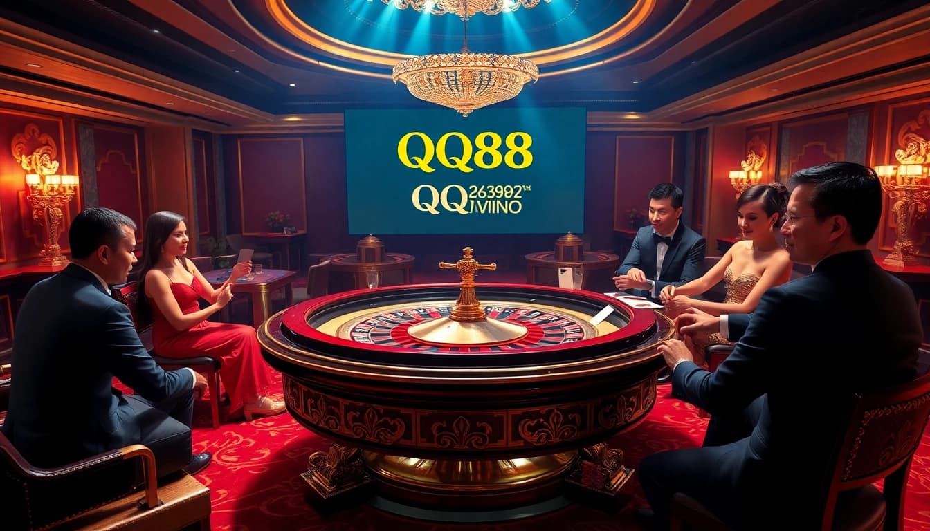 Players enjoying high-stakes bets at a luxurious QQ88 casino table, capturing excitement and sophistication.