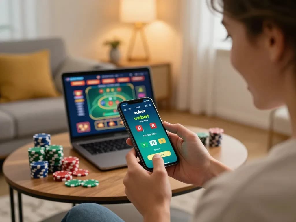 Player placing a bet on the vsbet app in a cozy living room setting