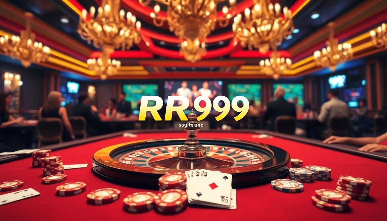 Players enjoying thrilling games at RR99 casino, featuring roulette, cards, and poker chips.