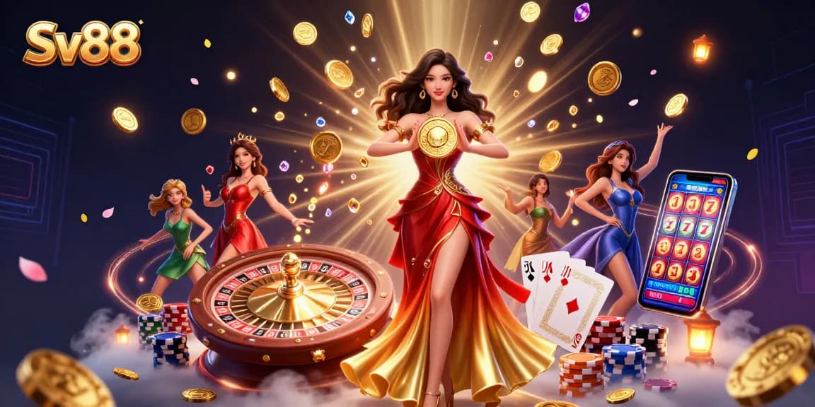 Experience the thrill of Sv88 with vibrant casino elements and a stunning golden display.