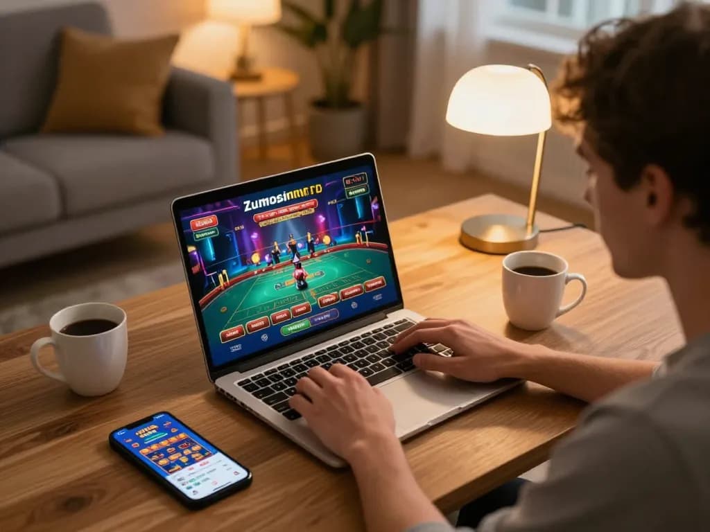 Player engaging in online gaming at Zumospin, enjoying a live casino experience at home.
