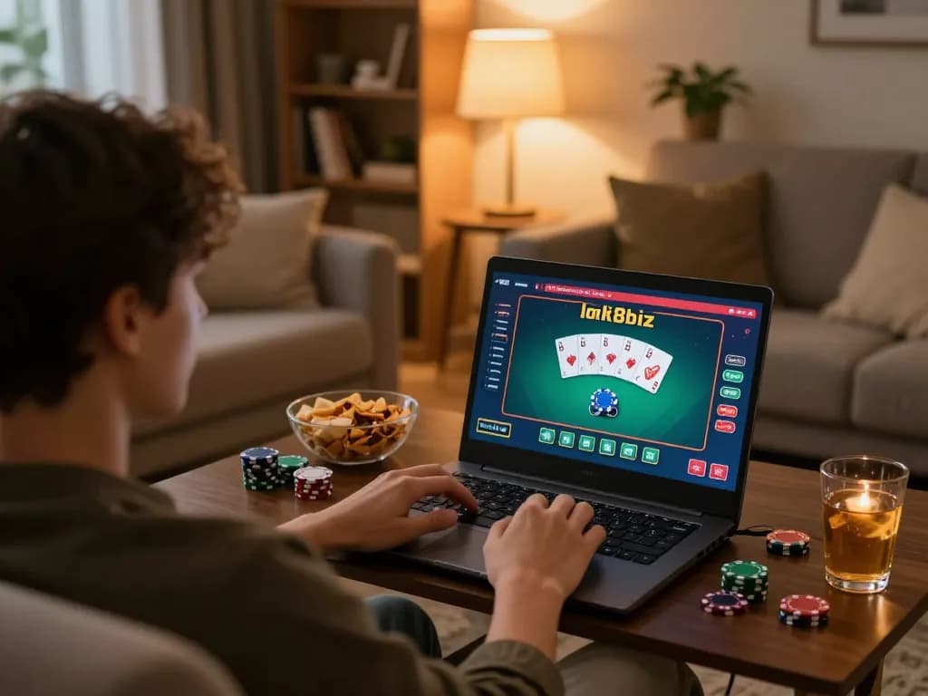 Engaged player using luck8biz at home for online poker gaming with cozy setup and snacks.