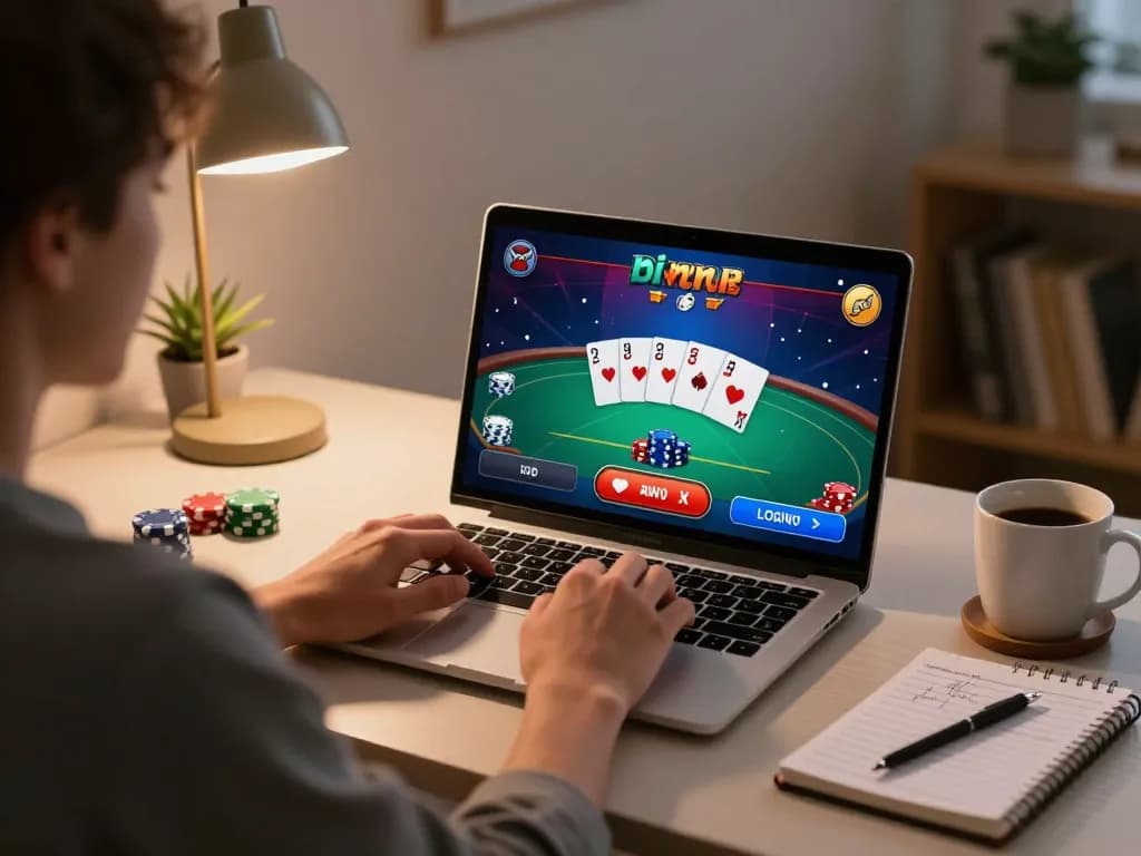 Engaging online gaming experience with KUWIN showing poker interface on laptop at home desk.