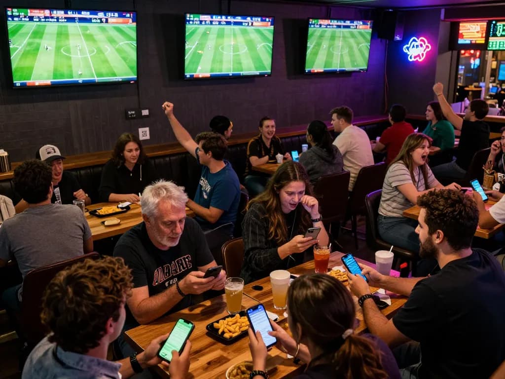 Engaged sports bettors using betting apps while watching live matches at a bustling venue, kèo nhà cái in focus with vibrant atmosphere.