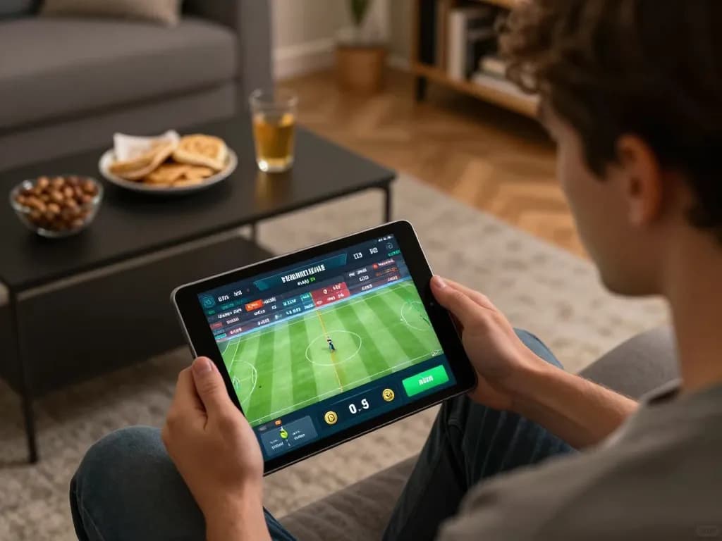 Person engaging with the cakhiatv mobile app for live soccer betting, displaying focused enjoyment in a cozy home setting.