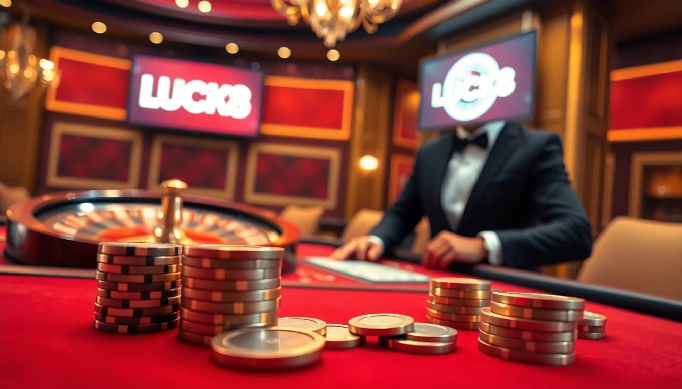 Engaging LUCK8 casino scene with vibrant dealer, poker chips, and roulette wheel.