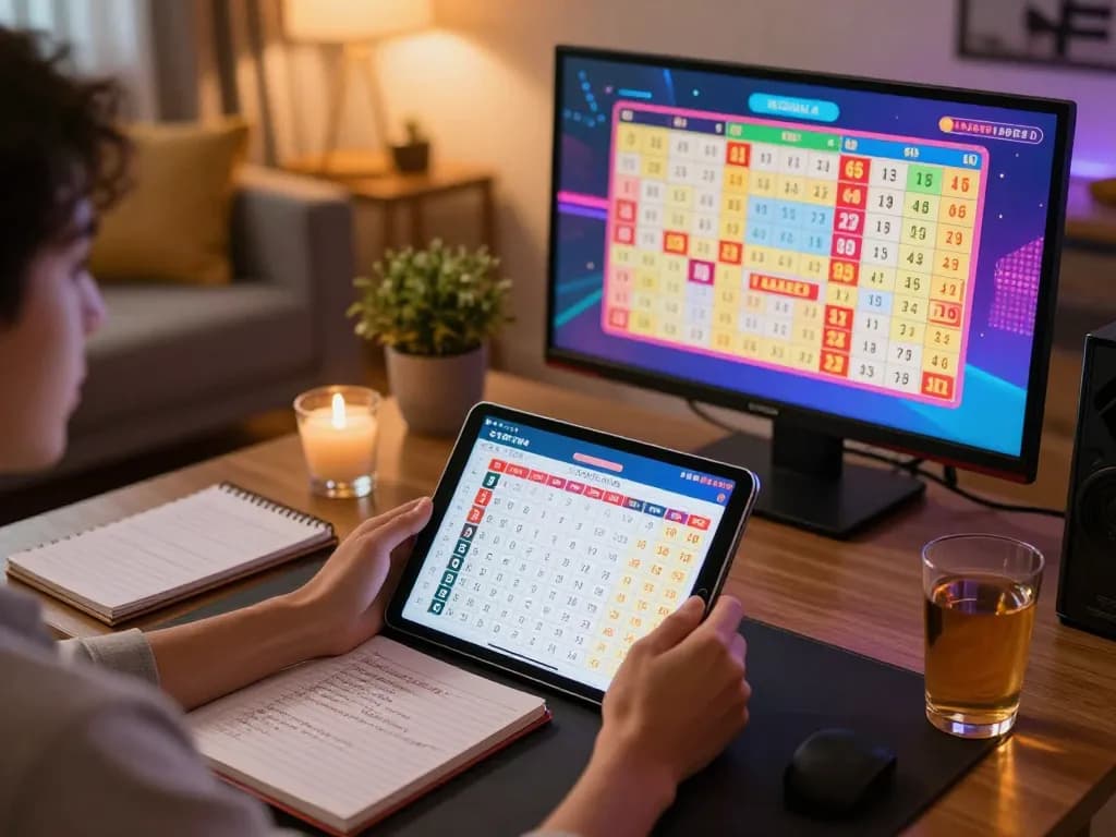 Checking 9 Lotto 4D results in a cozy living room setting while reviewing strategies.