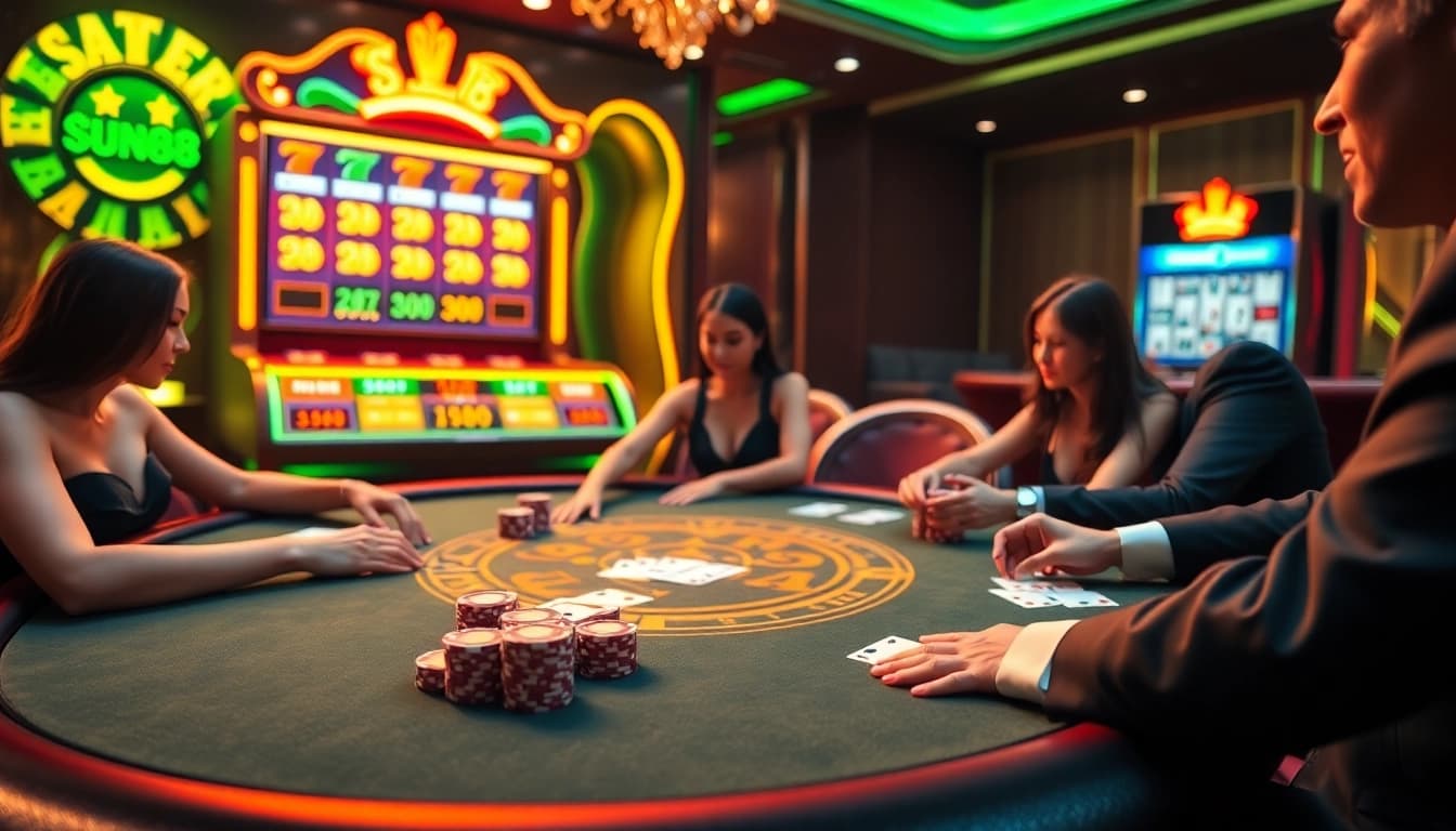 Sun88 players strategizing at a luxurious casino table with high-stakes poker chips.