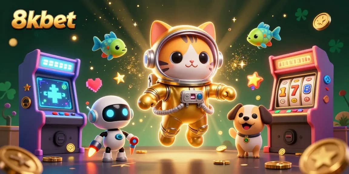 8xbet showcases a vibrant 3D casino scene featuring a floating astronaut cat and robot dog amidst slot machines and jackpots.