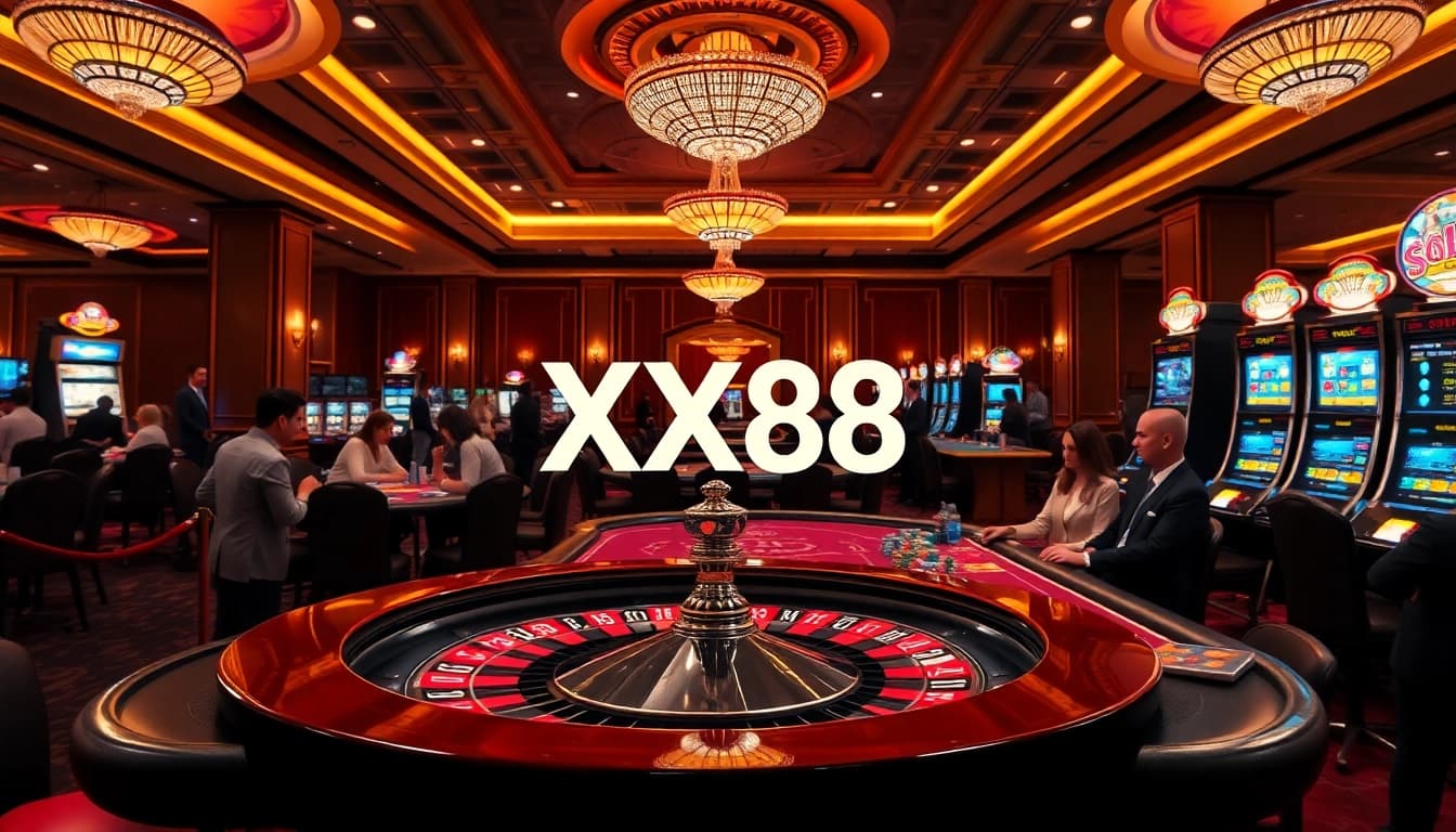 Experience excitement with XX88 players at a vibrant casino table stacking poker chips.